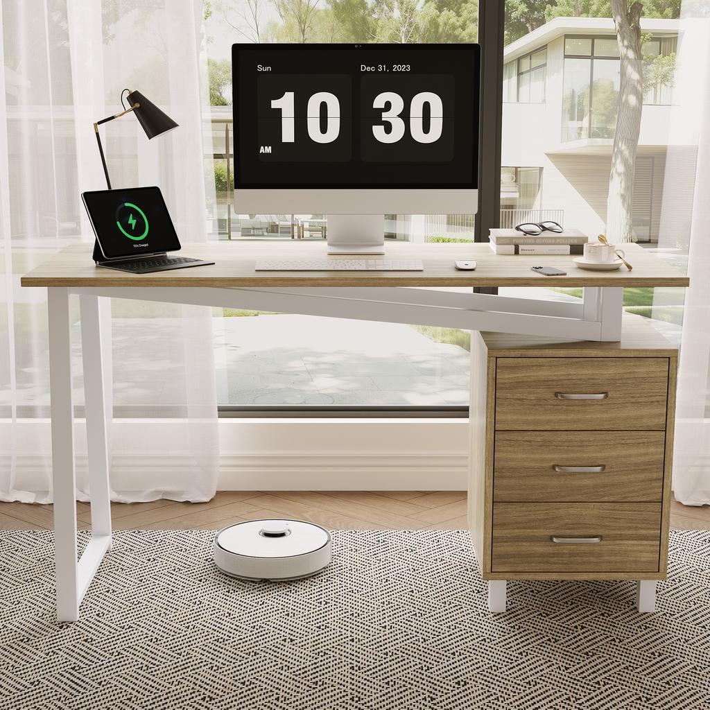130*55*75cm, Prostorný psací stůl s úložným prostorem, Materiál MDF s vysokou hustotou, Výsuvy zásuvek, Trojúhelníkové podpěry, Snadná montáž a čištění, Přírodní dřevo + Bílá
