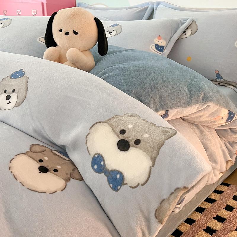 Cartoon Thickened Milk Fleece Coral Fleece Bed Four-Piece Set Fleece Flannel Quilt Cover Children'S Bed Single Three-Piece Set