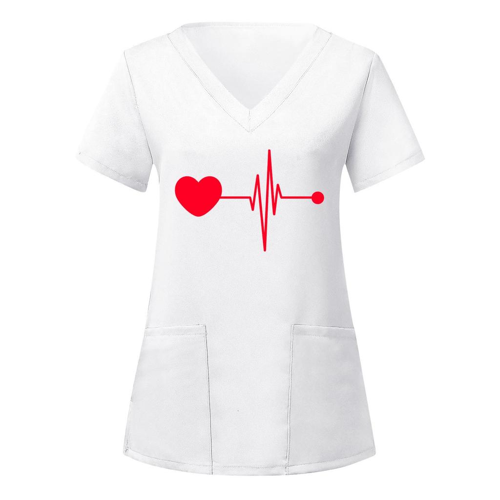 European and American Nurse Caregiver V-Neck Print Shirt with Large Pocket, Short Sleeve T-shirt for Women