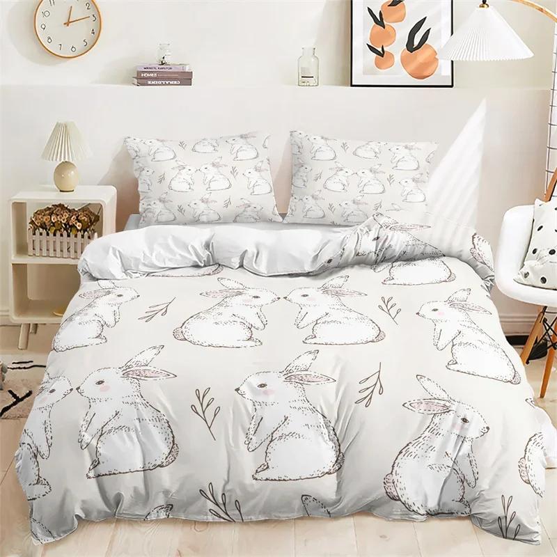 Cartoon Rabbit Duvet Cover Easter Bedding Set Animals Pattern Festival Celebrate Comforter Cover Set Twin For Girl Nursery Child