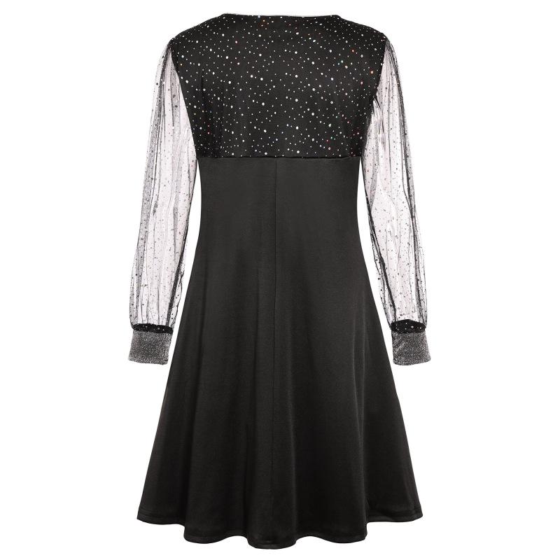 Tooxika Women's Long-sleeved V-neck Sequined Mesh Stitching Pullover Dress Female Sexy Dress