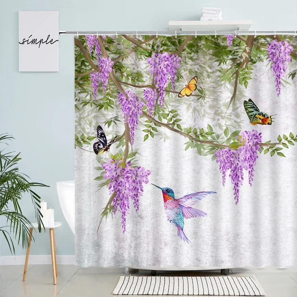 Plants Flowers Shower Curtains Butterfly Purple Floral Green Leaves Hummingbird Rustic Spring Scenery Fabric Bathroom Decor Sets