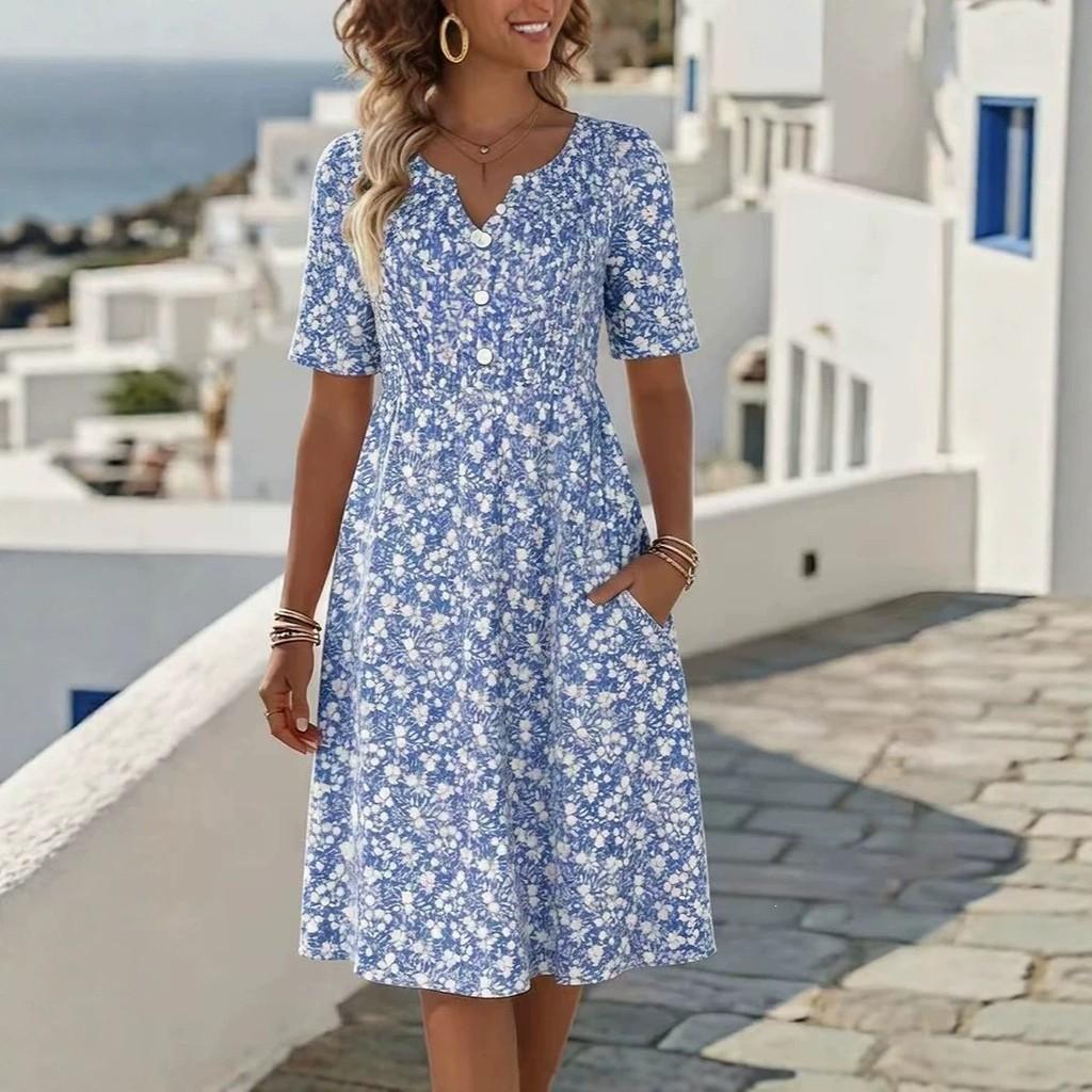 Abito Floreale Estivo con Scollo a V e Tasche per Viaggi Casual e Relax in Spiaggia