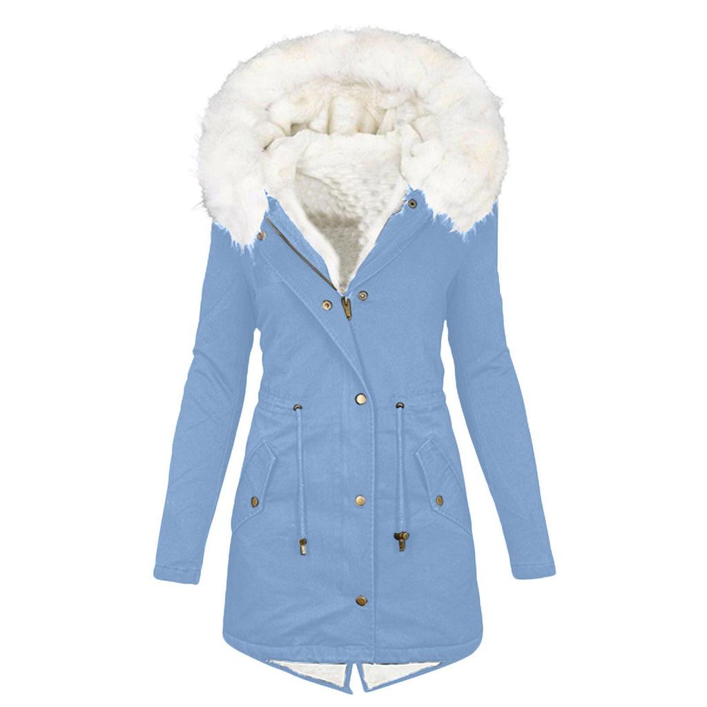 Women's Hooded Mid-Length Coat with Fur Collar and Waist Cinching - Plus Size, Thick, Cotton Padded for Autumn and Winter.