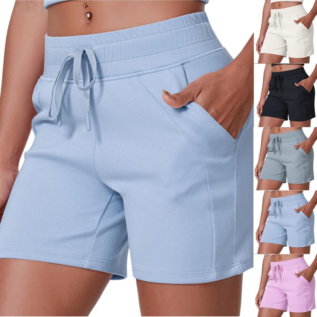 Women's Casual Loose Solid Color Drawstring Pocket Yoga Running Fitness Three Quarter Shorts