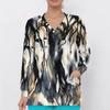 Women Plus Size V Neck Long Sleeve Printed Blue White Nurse Scrub Top With Front Pockets