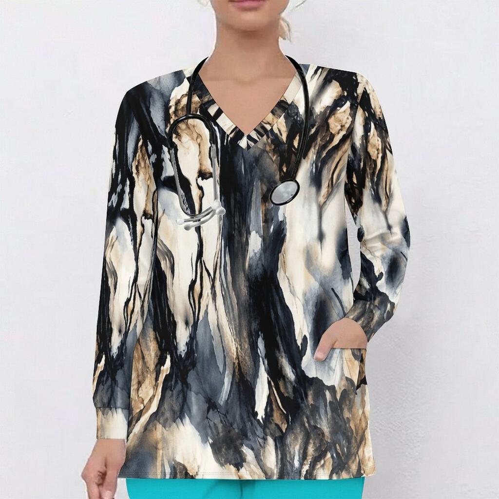 Women Plus Size V Neck Long Sleeve Printed Blue White Nurse Scrub Top With Front Pockets