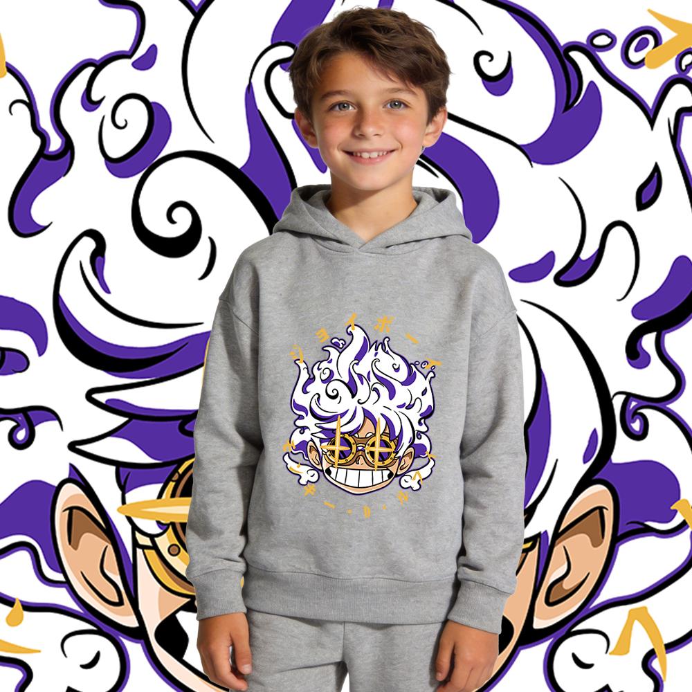 Anime One Piece Luffy Gear 5 Print Hoodie Kids Pullover Hooded Sweatshirt Autumn Winter Streetwear Children Tops