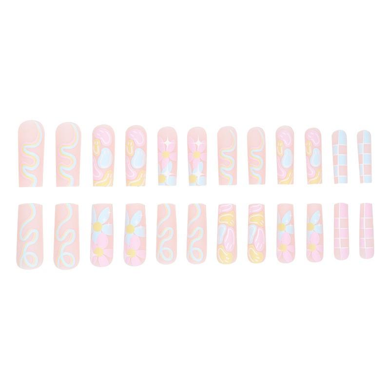 Sweet Pastel Floral Line Press-On Nails Full Cover Nail Tips Women