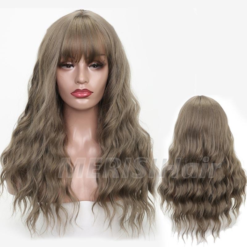LISI HAIR Damemote langt bølget hår parykk med smell Svart Brun Blond syntetisk fiber parykk med smell Fest Daglig slitasje