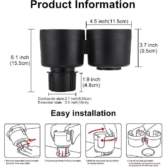 JSCARLIFE Dual Cup Holder Expander for Car - 2 in 1 Adjustable Car Cup Holder Adapter with Snack Organizer, Fits Most Vehicles, Holds Bottles, Cups,