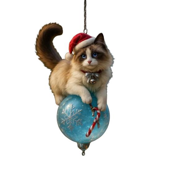 Cat Christmas Ornament Cute Kitten Christmas Ball Ornament 2D Flat Hanging Charm for Car Rearview Mirror