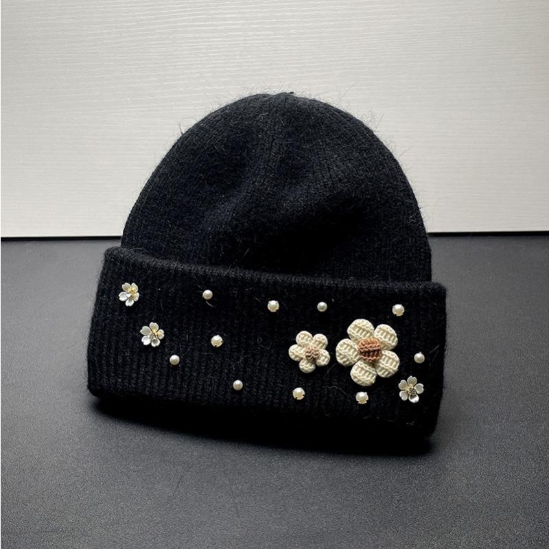 New Cute Flower Rabbit Wool Knitted Hat Autumn and Winter Thickened Warm Plush Fashionable Wool Hat Women Showing Their Face Cold Hat