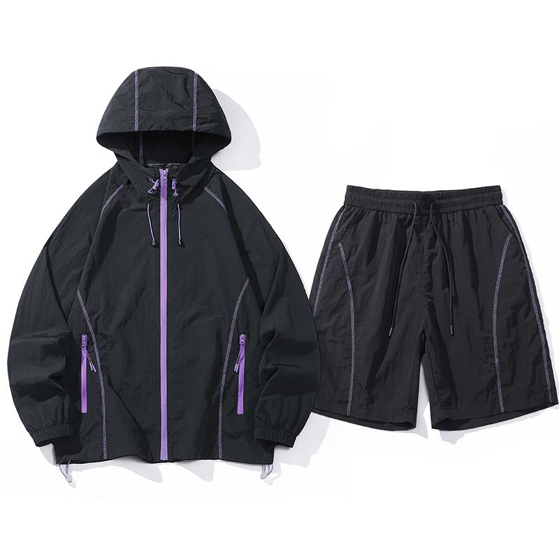 UPF100+Ice Silk Sunscreen Clothes Men's Summer Quick Drying Shorts Couple Sunscreen Clothes Set Men's Two Piece Set