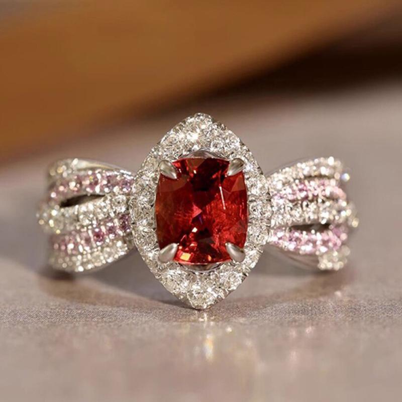 

Huitan Charming Red Cubic Zirconia Ring for Engagement Party Female Delicate Wedding Band Exquisite Finger Accessories Zircon 7