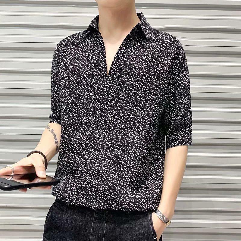 Men's 2024 Korean Loose Floral Five-Point Sleeve Shirt – Trendy Short Sleeve