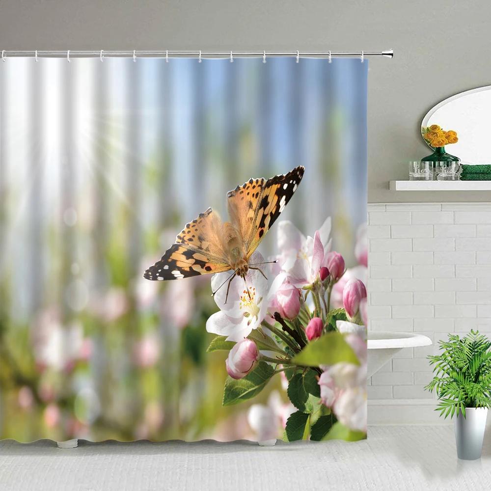 Pink Flower Plant Scenery Shower Curtains Rose Tulip Butterfly Spring Landscape 3d Printing Bathroom Waterproof Bath Curtain Set
