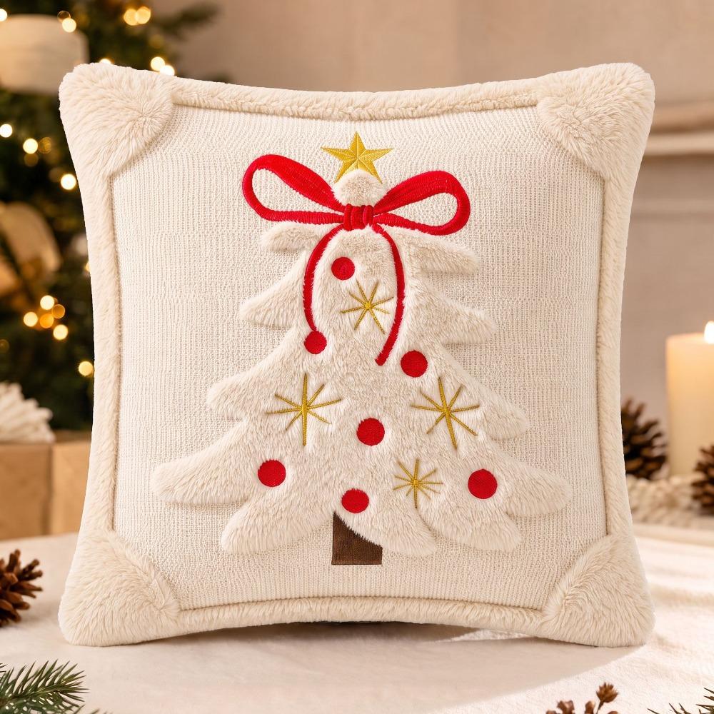 Festive Decor Christmas Pillow Cover Christmas Tree Soft Fluffy Cushion Cover Bow Embroidery Skin-friendly Pillowslip Bedroom