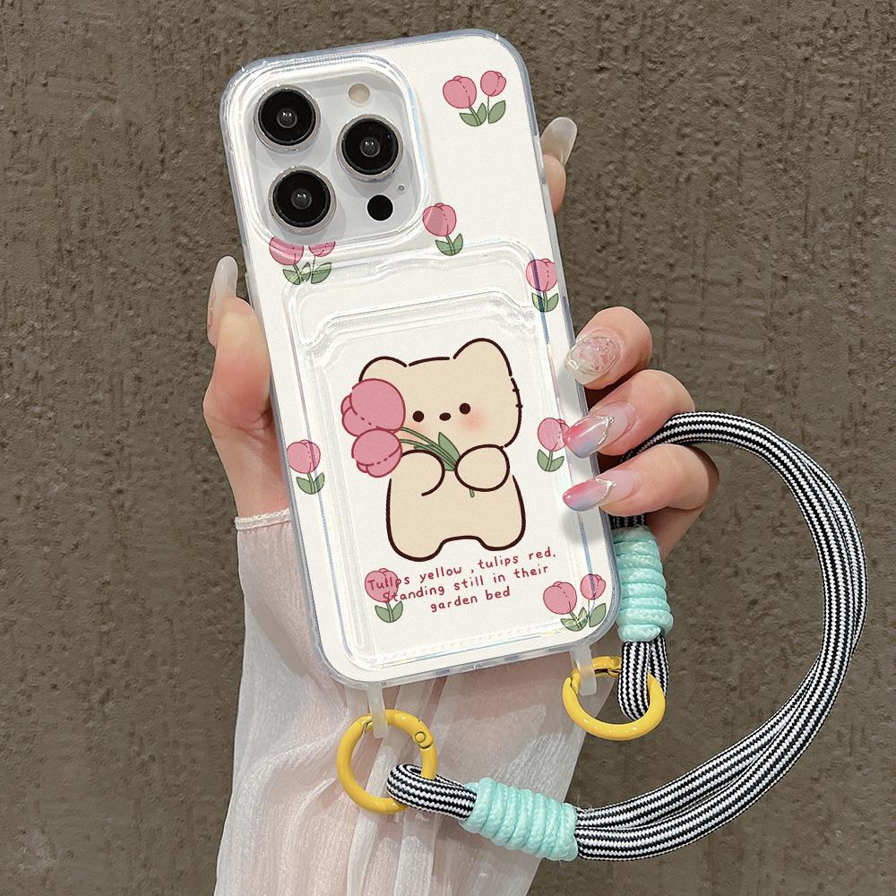 Cute Flower Phone Case For iPhone 15 Pro Case iPhone 13 11 12 14 16 Pro Max 7 8 Plus XR XS SE  Hang Chain Card Holder Cover