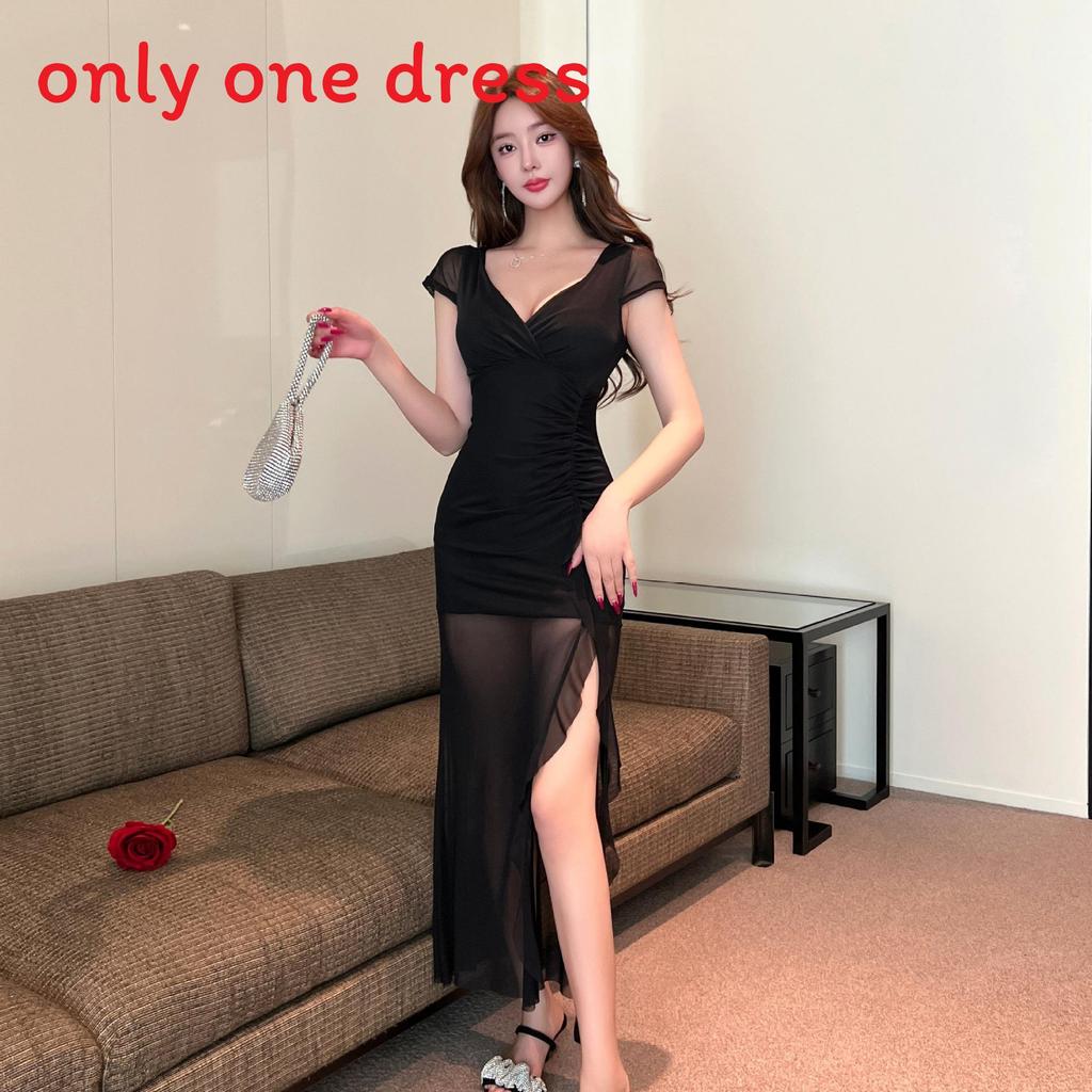 Elegant Polyester V Neck Dress With Slit For Office Wear Women Spring 2025