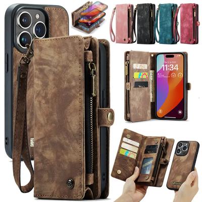 Funda de cuero desmontable con cremallera y múltiples tarjetas CaseMe para iPhone 16, 15, 14, 13, 12, 11 Pro Max, Xr y Samsung S24, S23, S22, S21 Ultra Plus, A14, A13, A54, A53