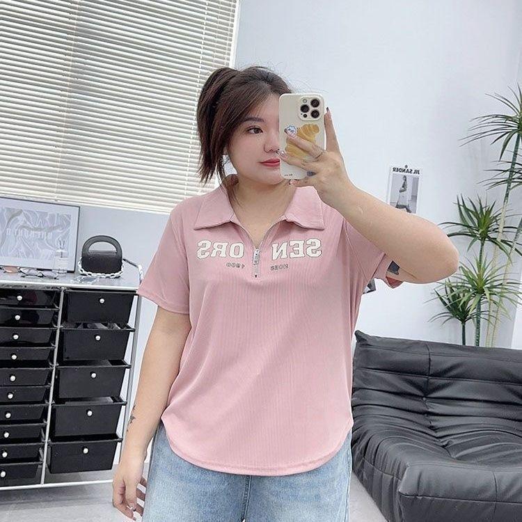 Plus Size Women's Casual Zipper Print Top - Loose Fit Short Sleeve T-shirt for 2025 Summer