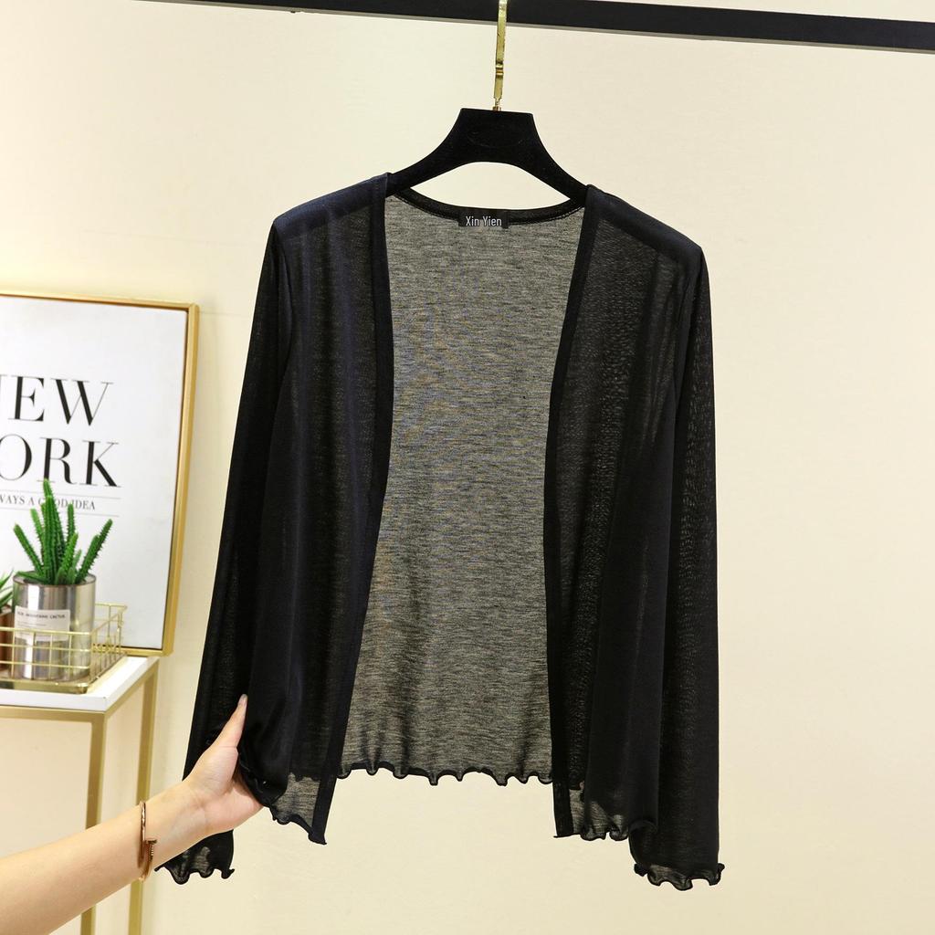 Dámský lehký kardiganový šál s dlouhým rukávem na jaro/léto 2025 - Slim pletená klimatizační bunda