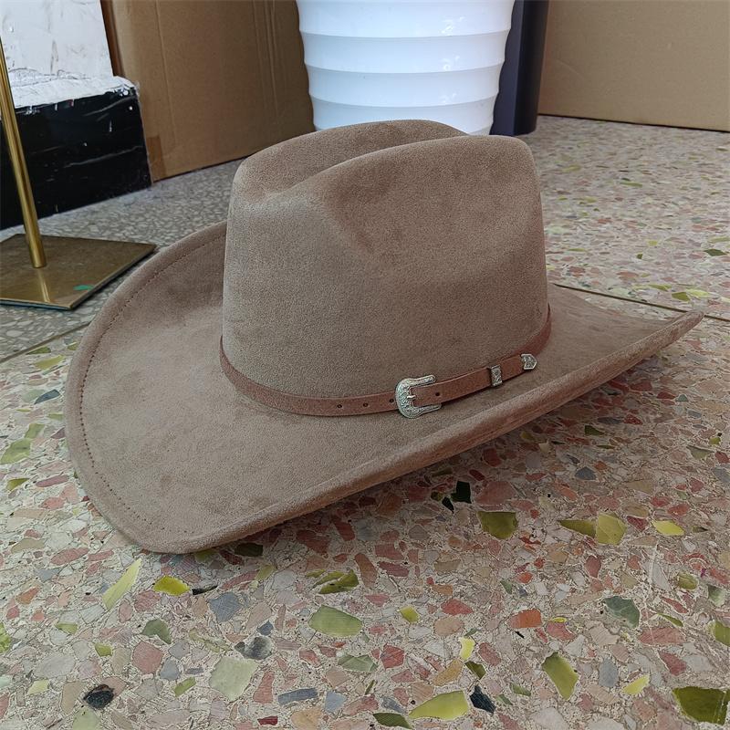 2026 Suede Cowboy Hat Leather Belt And Hat Color  New 58cm Cowboy Hat Suede Material Water Drop Top Men's and Women's Knight Hat