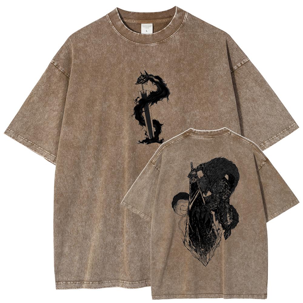 Berserk Guts T Shirt Manga Griffith Printed  T-shirt Men Unisex Clothes Street Vintage Washed Tshirt Short Sleeve Cotton Tees