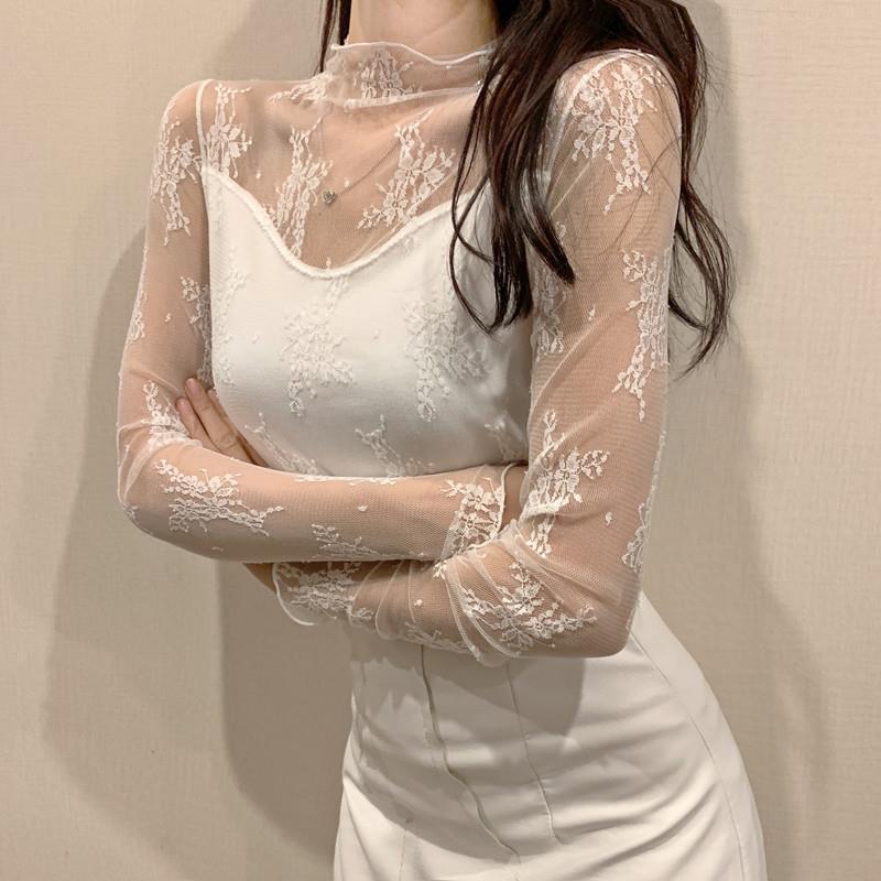 Autumn and Winter New Velvet Lace Shirt Women's Long-sleeved Turtleneck Slim-fitting and Thin Inner Bottoming Shirt Foreign-style Top