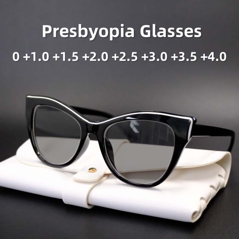 Women's Fashionable and Elegant Cat Eye Presbyopia Sunglasses New Black Gray Lens UV Resistant Glasses Diopter To +4.0