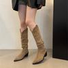French Retro Coffee Stacked Boots Western Cowboy Boots Summer and Autumn High Boots Women's Boots Small Khaki Boots