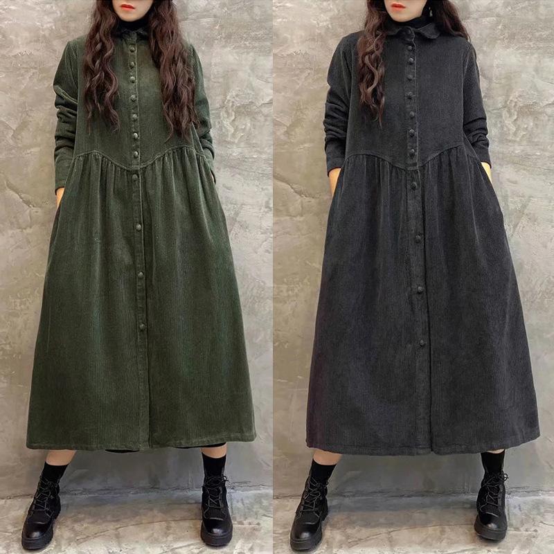 Women's Casual Retro Style Dress with Turn-down Collar and Long Sleeves