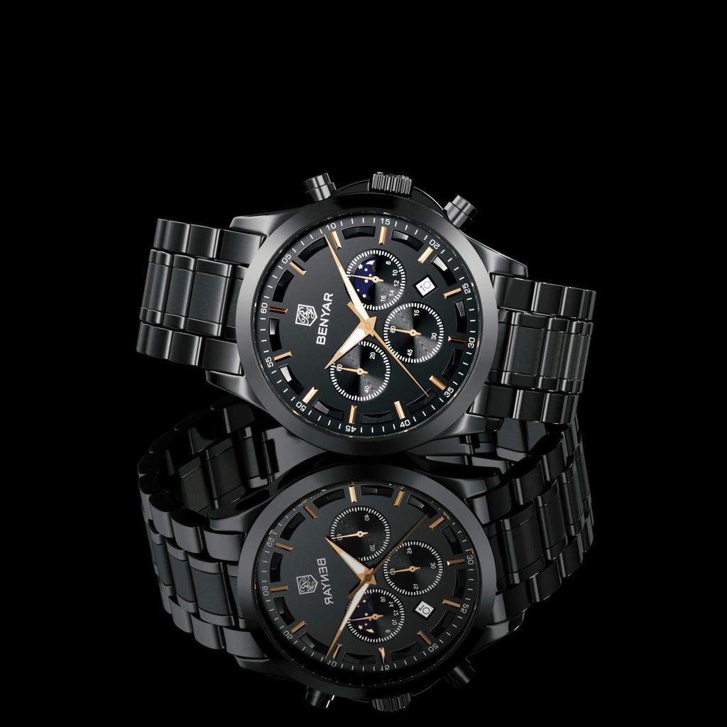 BENYAR Chronograph Watch with Leather and Black Leather Strap for Business and Formal Wear Men's Multi-Calendar Strap, Water-Resistant