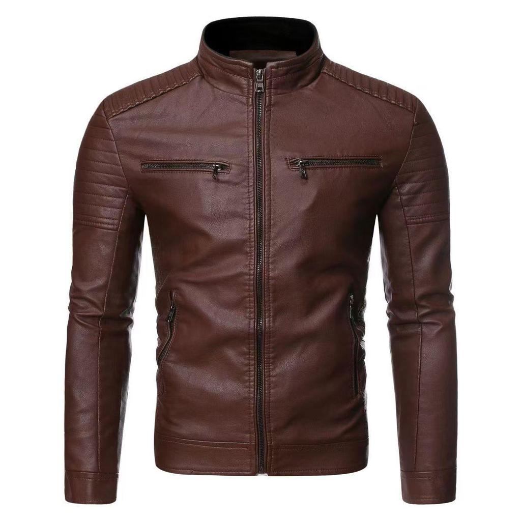 Giacca da Motociclista in Pelle da Uomo Retro con Collo Rialzato per Primavera e Autunno - Elegante Cappotto Antivento Giovanile