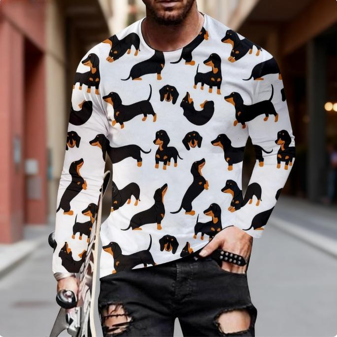 Spring and Autumn Round Neck 3D Dachshund Printed Top Fashionable Casual Long Sleeved Men's T-shirts