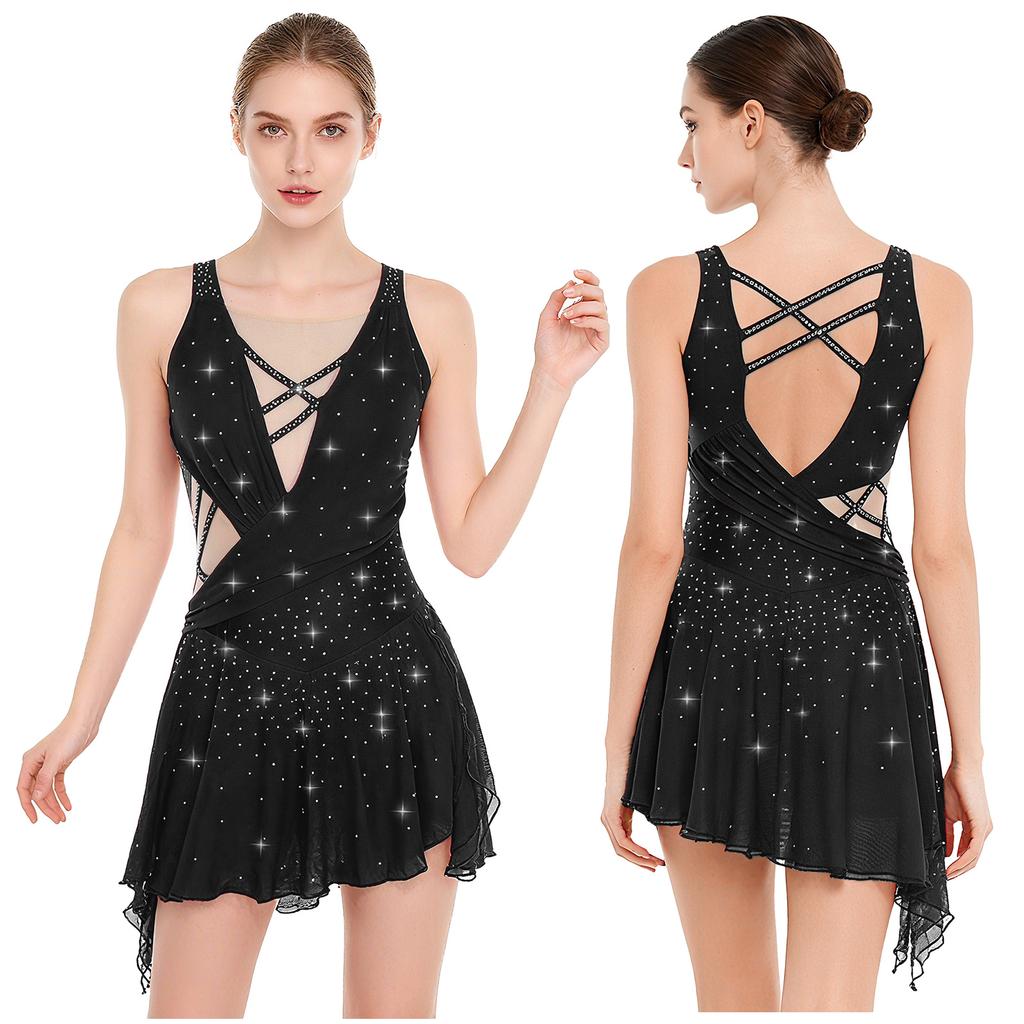 Rochie de dans împodobită cu strasuri pentru femei - Decolteu la spate cu crăpătură laterală, tiv asimetric fluid, crotch încorporat și nasturi cu capse pentru evenimente de scenă