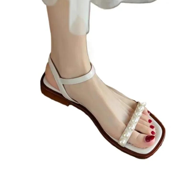 

2025 Женская обувь Ремешок с пряжкой Модные повседневные сандалии Женские Квадратный носок Открытый носок Низкий каблук Обувь с ниткой и бусинами 35 покинуть белый