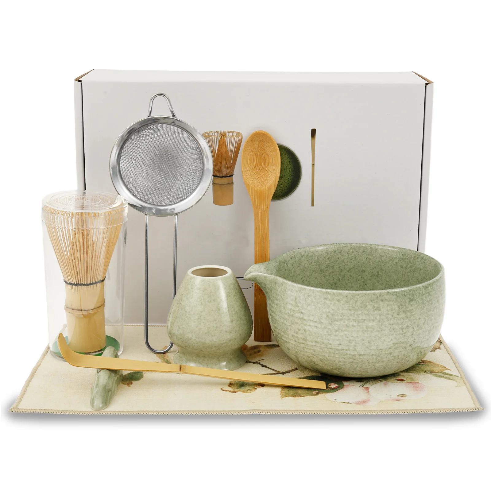 

8Pcs Ceramic Japanese Matcha Bowl Whisk Set for Home Trip Easy to Clean Rust Resistant Matcha Scoop Whisk Holder Kit for Tea зелёный