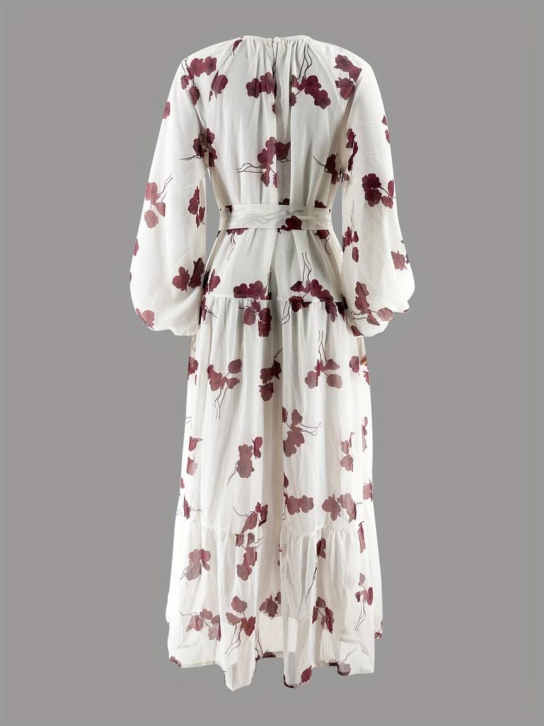 Women's Elegant Floral Chiffon Long Dress with Belt - Round Neck, Vacation Style
