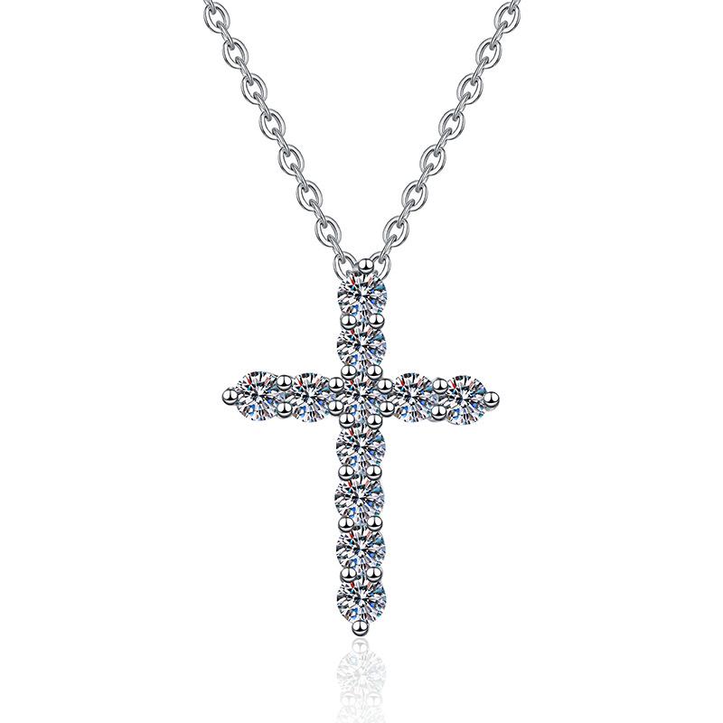 S925 Sterling Silver Moissanite Cross Necklace for Women - Elegant Full Diamond Pendant in Simple Fashion Design.