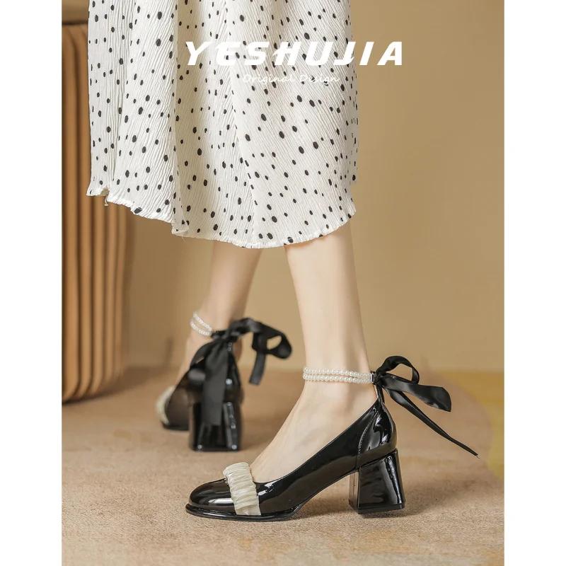 Fashion Mary Jane Women's Shoes 2025 New Spring Autumn Mesh Butterfly Knot High Heels Shallow Mouth Single Shoe High Heels Zapatos Mujer