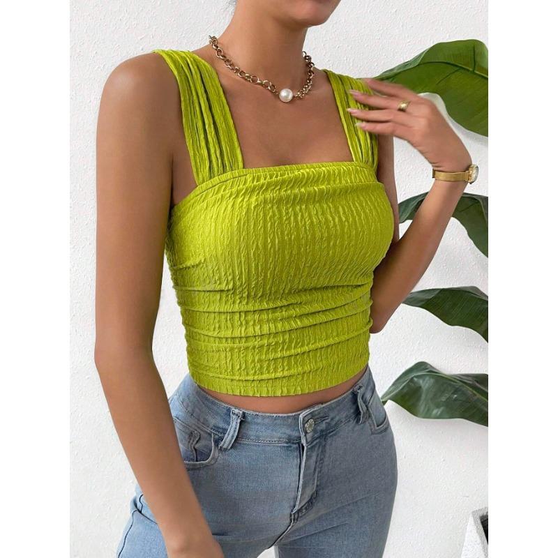 Women's Sleeveless Crop Top with Exposed Navel, Square Collar and Shoulder Strap Vest