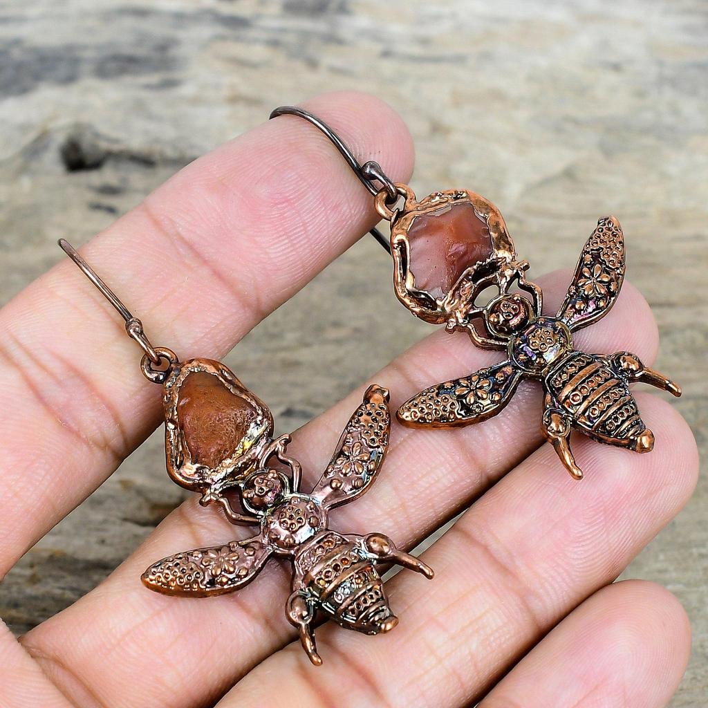 Carnelian rough gemstone earring electroformed copper earrings unique honey bee jewelry handmade earring electroformed jewelry gifts for her