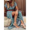 Summer Bohe Style V-neck Floral Printed Dress Belt Loose Short Sleeve Fashion Elegant Casual A-line Party Long Dresses Female Dtreetwear Clothing
