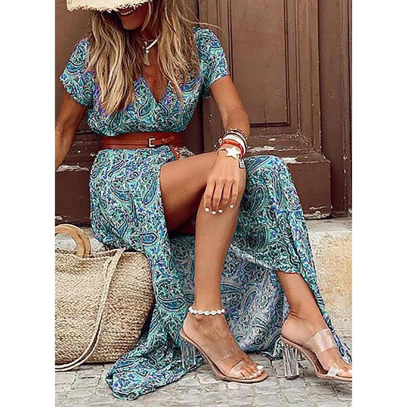 Summer Bohe Style V-neck Floral Printed Dress Belt Loose Short Sleeve Fashion Elegant Casual A-line Party Long Dresses Female Dtreetwear Clothing