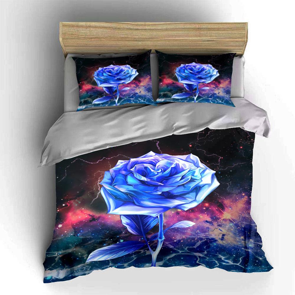 Blue Rose with Galaxy Art Bedding Duvet Cover Set Duvet Cover Pillowcases (1*Duvet Cover 2*Pillowcases, without duvet insert)