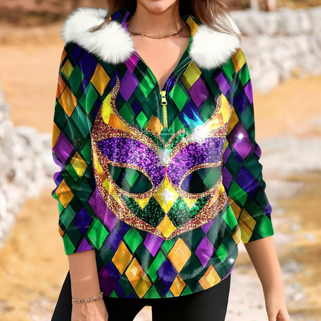 Damen Lockerer Und Bequemer Lässiger Mode Halb-Reißverschluss Kapuzenpullover Langarm Karnevals-Print Oberteil