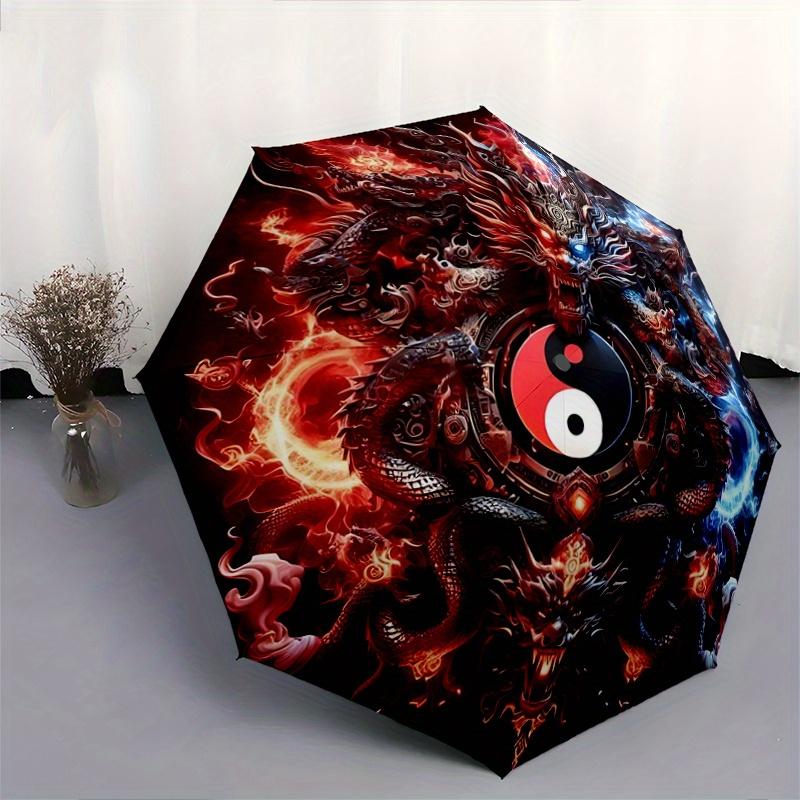 1pc Fire and Ice Yin Yang Dragons Fully Automatic Folding Portable Umbrella, 8 Iron Frames, Three-Fold Design, Suitable for All Seasons, Suitable