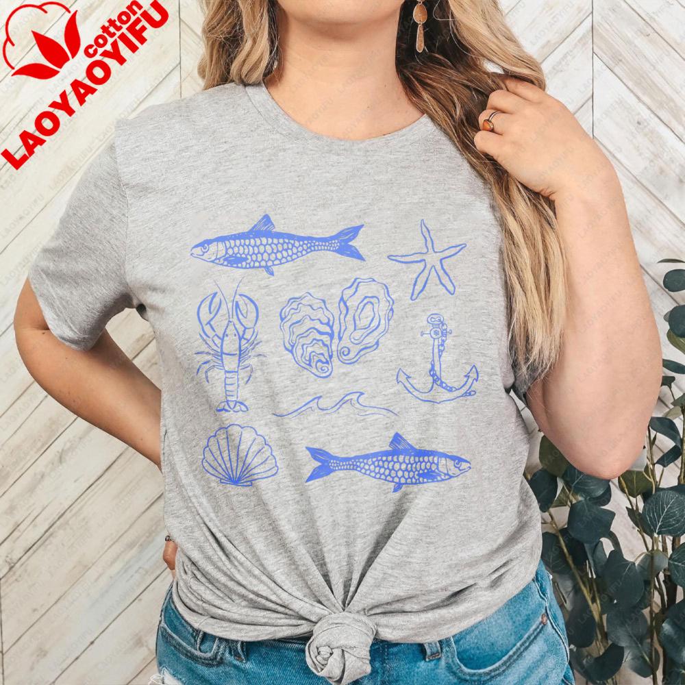 Sea Life Pattern Vintage Graphic Printed Tshirt Oneck Cotton Short Sleeve Unisex Casual Fashion Summer Tshirt Daily Life Tops